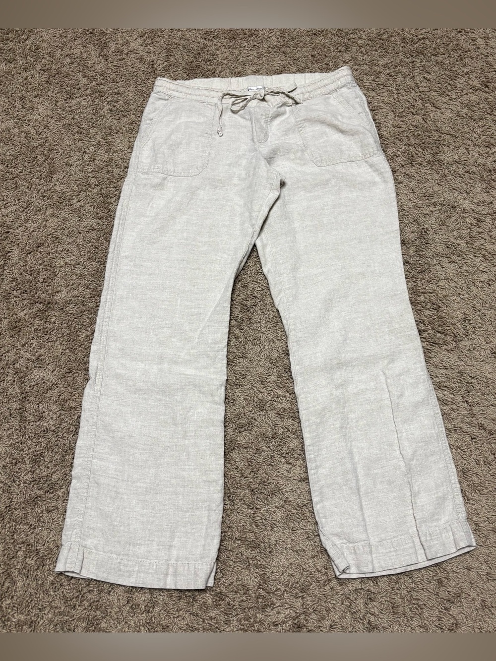 100% linen Lightweight Drawstring Pants women medium cream patch pockets casual